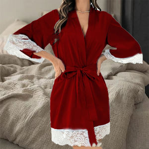 ชุดนอนแขนยาวลูกไม้สำหรับผู้หญิง, เสื้อคลุมยาวปานกลางลูกไม้ใส่ในบ้านใส่สบายสไตล์ยุโรปและอเมริกาฤดูร้อน - Product Image 3