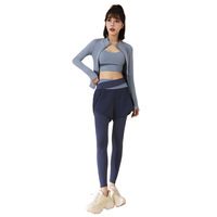 Set Yoga Tiga Potong Warna Senada, Model Selebgram, Pinggang Tinggi, Angkat Pinggul, Pakaian Olahraga Lari, Bahan Bernapas, Slim-fit