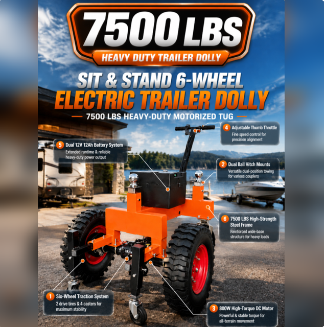 New ERA Orange 7500lbs Trailer Dolly Heavy Duty 6-Wheel Power Mover 12V 12Ah 800W Electric Trailer Tug for RV Boat Caravan