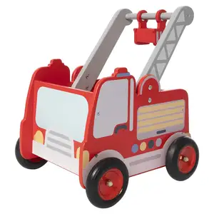 Trotteur en bois à roulettes 2 en 1 pour bébés, jouet pour tout-petits, camion de pompier rouge, landau d'apprentissage