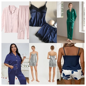 Conjunto de Pijama de Satén Clásico de Manga Corta para Mujer, Pijama de Dos Piezas con Botones, Ropa de Dormir de Lujo - Product Image 2