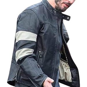 เสื้อแจ็คเก็ตหนังแกะแท้สีดำสำหรับผู้ชาย แบรนด์คีอานู รีฟส์ สไตล์ไบค์เกอร์ แขนยาว วินเทจ คาเฟ่ เรเซอร์ - Product Image 1