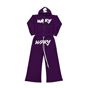 Ensemble de survêtement Wary Red à capuche, entièrement zippé, streetwear en coton, unisexe adulte, pour l'automne, imprimé lettres, coupe ample, design 2 en 1 - Product Image 2