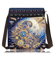Sac bandoulière de peinture diamantée DIY, motif mandala doré, sac messager bleu marine avec double fermeture éclair et sangle réglable pour femme