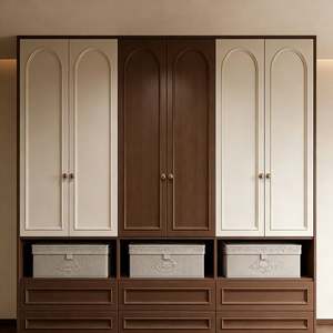 Balom Custom Built in Light Luxury <b>Wardrobe</b> With Cream <b>White</b> Finish Dark Wood Accent Doors and Curved Line Details - Product Image 3