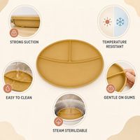 Assiette ronde à 3 compartiments en silicone, couleur unie, base à ventouse, pour usage domestique, logo personnalisé disponible