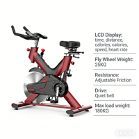 Vélo de spinning intelligent commercial de 180 kg de capacité, volant d'inertie en acier de 25 kg, résistance magnétique à 8 niveaux, écran LCD, équipement de cyclisme d'intérieur