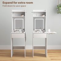 Coiffeuse moderne en MDF avec miroir et éclairage LED, blanche, avec tablette latérale rabattable réglable, étagères ouvertes et tiroir, table de maquillage compacte