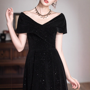 Off-The-Shoulder Black Evening Gown <b>A</b>-<b>Line</b> Glitter Sparkly <b>Dress</b> For Women Plus Size Formal Wear - Product Image 2