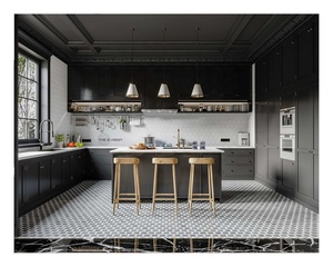 Châu Âu U hình dạng có độ bóng cao Modular hoàn chỉnh màu đen Rắn Gỗ Nhà Bếp đã sẵn sàng để lắp ráp Set tủ bếp - Product Image 1