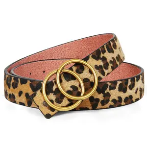 Custom Animal Skin Pattern Plush Pu Belt Women Fashion Double Rings Buckle Leopard Belt