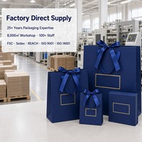 Ensemble de sacs de shopping de luxe bleu cobalt personnalisés avec nœuds en ruban de satin et impression dorée, vente en gros directe usine pour les magasins de détail et les cadeaux