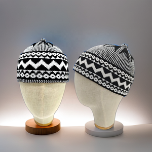 Bonnet Kufi en tricot géométrique noir et gris, en coton doux, pour la prière musulmane des hommes, usage quotidien, activités de plein air et voyages - Product Image 1