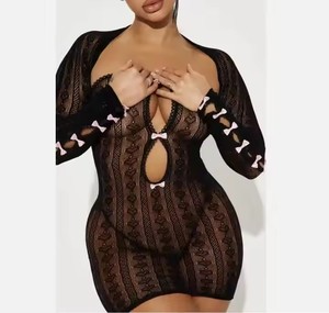 Con fiocco traforato <span class=keywords><strong>abito</strong></span> <span class=keywords><strong>nero</strong></span> Sexy Night Club abiti scialle manica lunga <span class=keywords><strong>in</strong></span> Mesh Mini <span class=keywords><strong>abito</strong></span> per le donne - Product Image 5