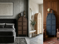 Armoire Moderne Autoportante en Bois Courbé avec 3 Portes Shaker et 4 Tiroirs, Gain de Place, Portable, Écologique, Meuble de Rangement pour la Maison