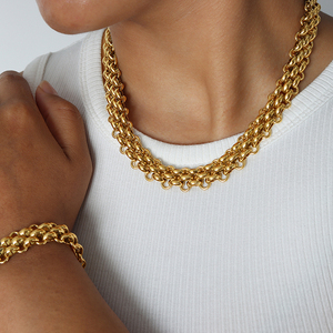 Conjuntos de Joyería de Cadena Gruesa para Pareja de Fábrica Collar y Pulsera Estilo Hip Hop de Acero Inoxidable Personalizado de Moda Chapados en Oro - Product Image 2