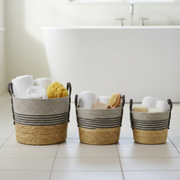 Panier de rangement moderne en jonc de mer naturel tressé, écologique, avec détails en corde plastique, décoratif, rond, pour la maison, B&L BL25077