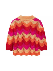 AliExpress Cross-border Summer New Casual Loose Lapel Polo Collar Single-breasted Striped Sweater Mesh Skirt Knitted Set for - Product Image 4