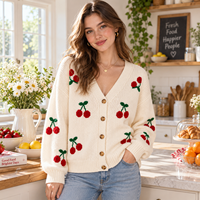 Cardigan en tricot personnalisé pour femme avec broderie cerise, col en V, boutonnage, manches longues, OEM ODM