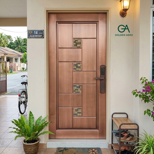 Puerta de Entrada GA-19G Golden Aero Moderna para Villa, Exterior en Madera de Teca Color Chocolate Cereza, Núcleo Sólido, con Vidrio Teñido - Product Image 2