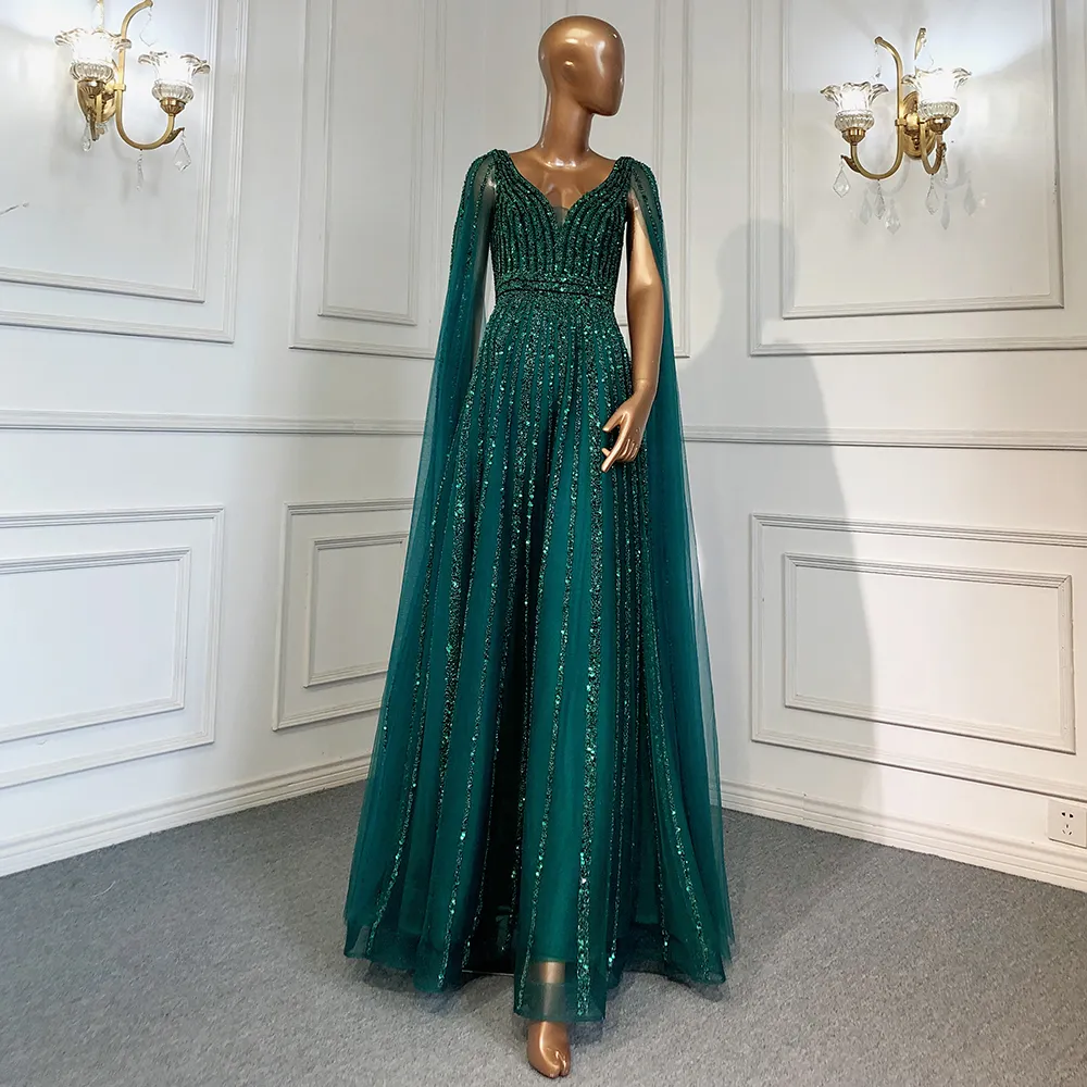 4 Color Nude Green Arabic Luxury Cape Sleeves Evening Gowns A-Line Beaded Sexy 2022 For Women Party Dresses