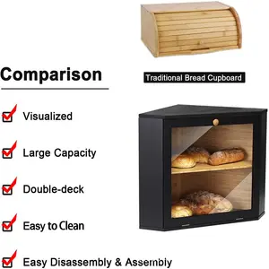 Caixa de madeira para armazenamento de pão de canto de bambu de dupla camada de grande capacidade para balcão de cozinha