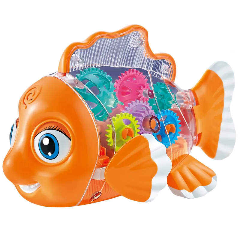 Electric Universal Driving Walking Animal Toy Plastic Rotating Transparent Pinion Gear Fish with Dazzling Flash Light Music