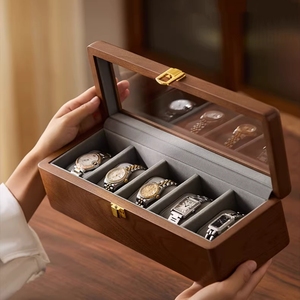 Caja de Reloj de Madera Sólida Natural Personalizada, Caja de Almacenamiento de Relojes de Nogal de Lujo, Estuche de Exhibición de Relojes con 5 Ranuras, Interior de Terciopelo, Ventanas de Vidrio - Product Image 1