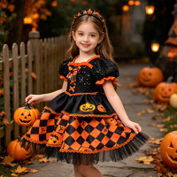 Robe de déguisement d'Halloween pour enfants, motif citrouille, orange et noir, avec manches bouffantes et jupe en tulle à volants, tenue de fête cosplay pour fillette