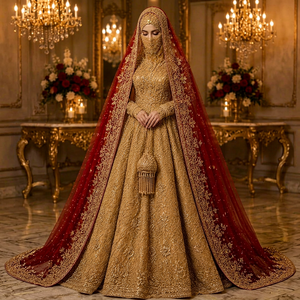 Robe de mariée en soie brodée dorée, style princesse, col montant, manches longues, longueur ras du sol, traîne cathédrale, style classique, soutien-gorge intégré - Product Image 1