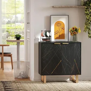 Credenza <span class=keywords><strong>effetto</strong></span> <span class=keywords><strong>marmo</strong></span> nero BIEN con gambe in metallo color oro, porte scanalate e finitura nera testurizzata - Product Image 3