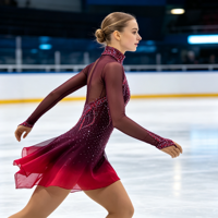 Robe de patinage artistique dégradé rouge bordeaux à manches longues en maille avec strass pour enfants et adultes, idéale pour les compétitions et spectacles sur glace