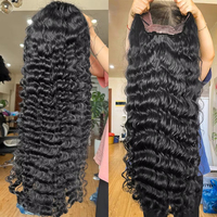 Perruque frontale en dentelle HD 13x6, cheveux humains, vague profonde, perruques frontales en dentelle avec mèches, brésilienne, 100% naturelle, noire, densité 250, 30 à 40 pouces