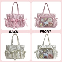 Große Kapazität Wasserdichtes reversibles Design 4 Farben Vorderseite Transparente Seite Bowknot Tasche Nylon Mädchen Handtasche Schulter Einkaufstasche