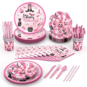 DAMAI 128 Pcs Halloween Plates Napkins Cups Set Pink Spooky Disposable Tableware for Horror Theme Birthday Party Decorations - Product Image 1