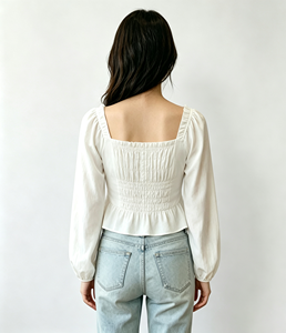 Chemisier blanc à manches longues et col carré froncé pour femme, avec ceinture à nouer, style français, coupe ajustée, décontracté, haut de mode printemps - Product Image 3
