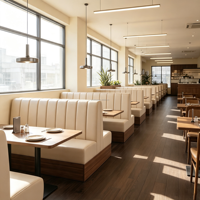 Meubles de restaurant en bois massif sur mesure, banquettes durables et faciles à nettoyer, ensemble de table et de chaises pour hôtel, style moderne