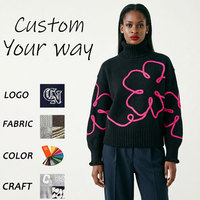 Suéter de punto de cuello alto para mujer con diseño floral 3D de moda, bordado de cuerda rosa neón, jersey de cuello alto, prendas de punto personalizadas