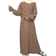 Pockets Maxi Dress High Quality EID Ramadan Nida Modest Abaya Flower Ruffle Elastic Cuff Islamic Muslim Clothing with Belt