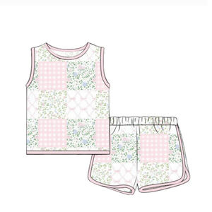 GSSO3168  CUSTOM Petite fille active, ensemble décontracté en laine peignée à imprimé fleurs à carreaux roses, vente en gros pour enfants, ensemble sans manches pour enfant - Product Image 1
