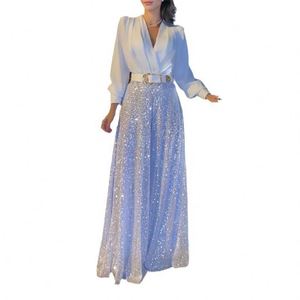 Ensemble <span class=keywords><strong>pantalon</strong></span> et chemise pour femme, chemise à col en V, couleur unie, manches longues, <span class=keywords><strong>pantalon</strong></span> à jambes larges à paillettes, ensemble <span class=keywords><strong>pantalon</strong></span> pour femme - Product Image 4