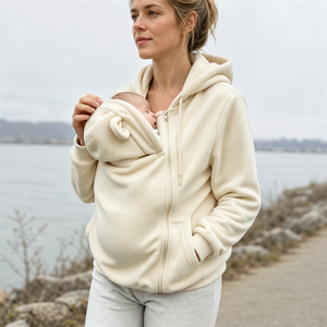 <b>Cream</b> Zip Up Hoodie <b>Women's</b> <b>Fleece</b> Sweatshirt With Integrated Baby Carrier Front Pocket - Product Image 2