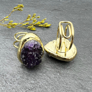 Cristal naturel vintage violet Drusy pierres de guérison améthyste grappe grande taille plaqué or anneaux réglables pour les femmes - Product Image 3