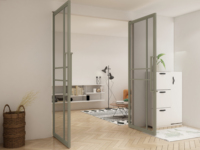 Porte à double pivot, design français de luxe, porte en verre pivotante en acier avec quincaillerie en acier