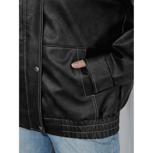 Womens Oversized Leather Bomber Jacket Full Sleeve Turn <b>Down</b> Collar Autumn Winter Coat - Product Image 5