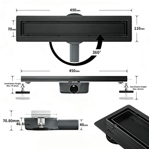 ניקוז תעלת מלון שחור מט 600 מ\\\"מ 360 °   ניקוז רצפתי מסתובב עם מלכודת ריחות - Product Image 4
