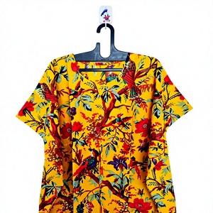 Women Floral Print <b>Kaftan</b> Dress Deep V Neck Short Sleeve Yellow 100% Cotton Summer Resort Wear Bohemian 1-Piece Quick Dry - Product Image 1