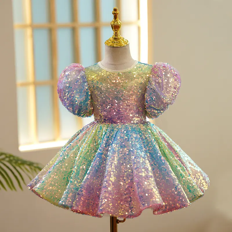Sıcak satış toptan kızlar pullu elbise puf kollu çocuk prenses kabarık iplik çiçek kız elbise balo mermaid elbise