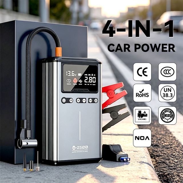 Grey Alloy Shell Portable Metal 12V Car Battery Charger Jump Starter with LED Light Digital Screen Air Pump 1 Year Warranty