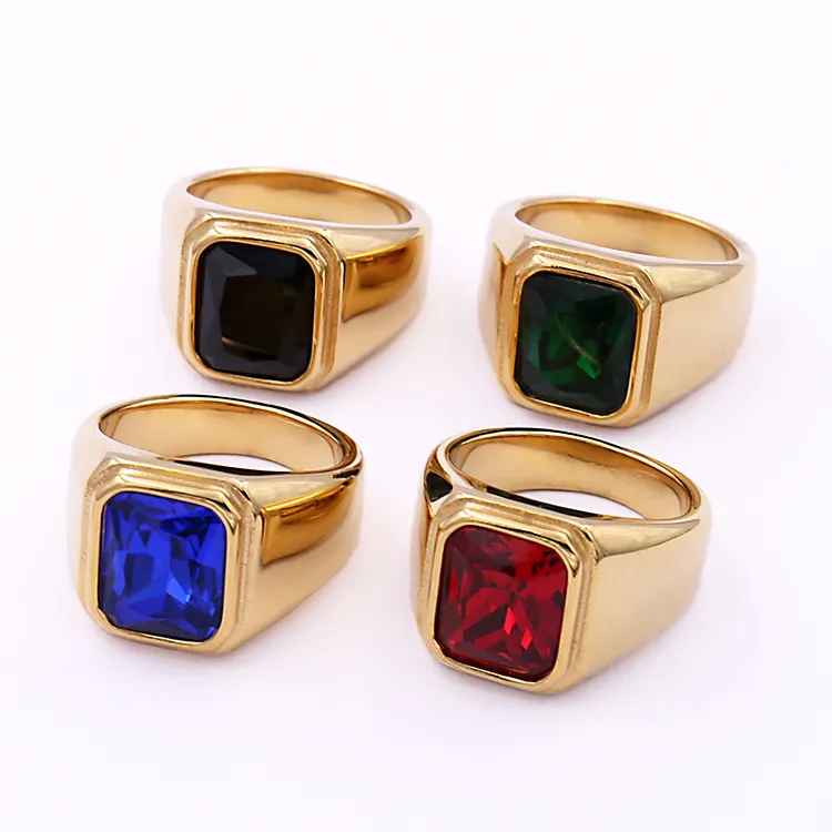 Square Black Red Stone Ring Male Rock Punk Jewelry Titanium Steel Retro Signet Cubic Zircon Ring for Men